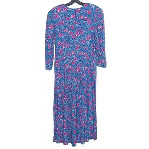 Jane Schaffhausen Belle France Vintage Dress Bird Floral Cottage Midi Blue 12